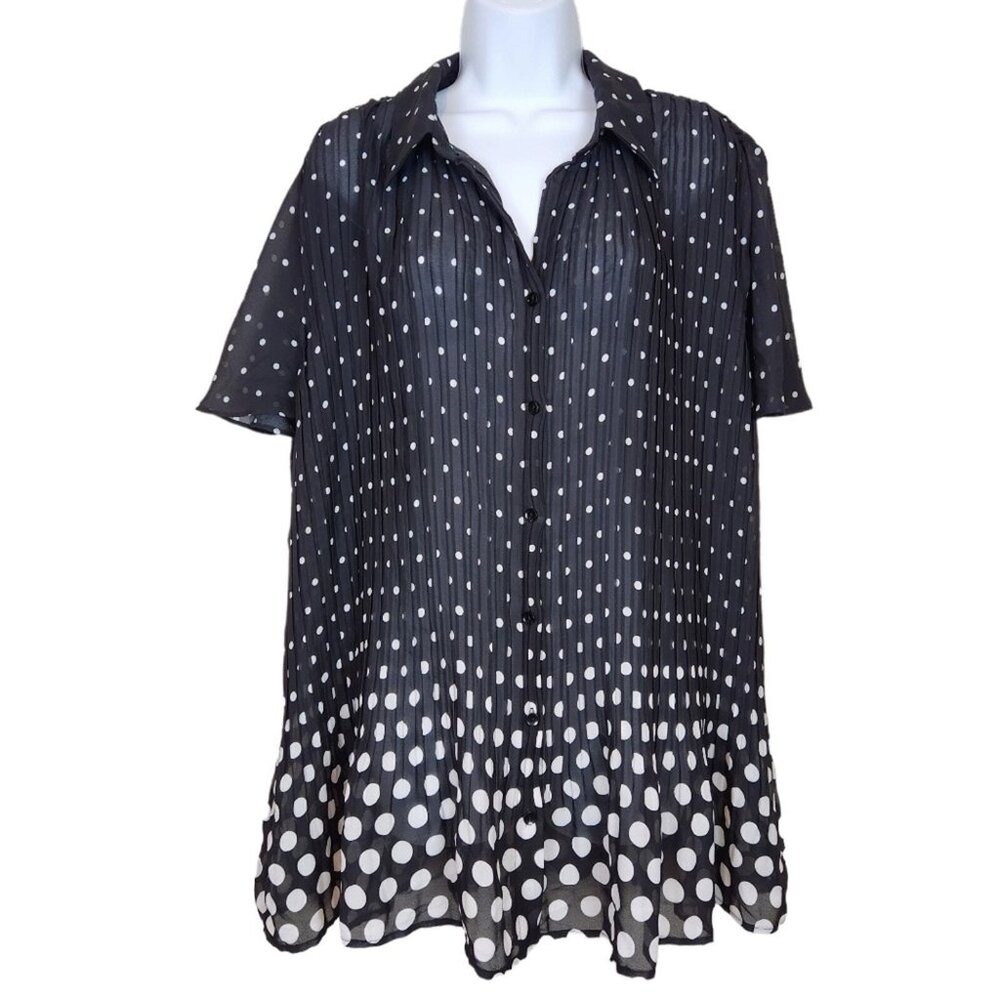Only Neccessities Black & White Polka Dot Pleated Button-Up Blouse 22-24 Plus